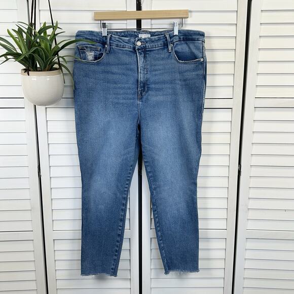 Good‎ American Skinny Jeans Medium Blue Wash Raw Hem Distressing Womens Size 18 - Picture 1 of 9
